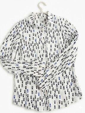 J.CREW White Button-Down Shirt with Black and Blue Pineapple Print - L